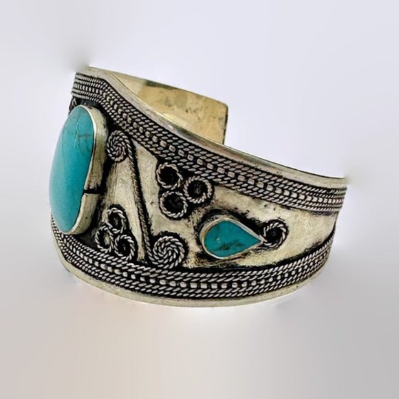 Boho Bracelet, Kuchi Cuff, Afghan, Turquoise, Vintage, Middle Eastern, Silver - Picture 3 of 5
